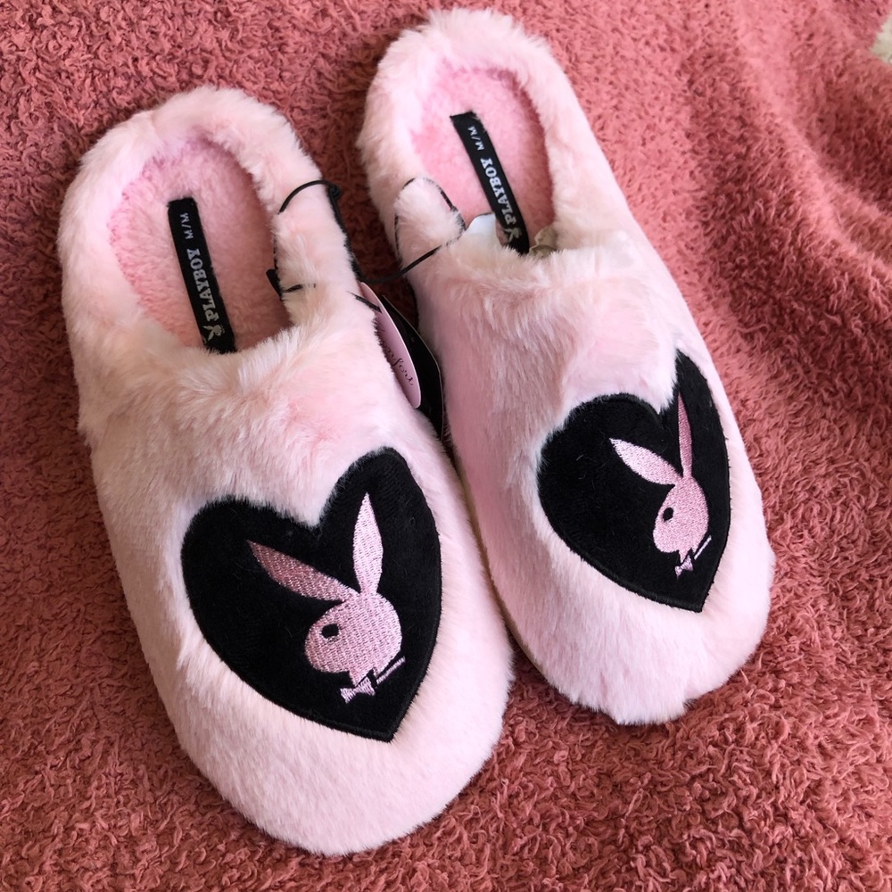 PLAYBOY Pink Fuzzy Slide Slippers with Black Logo